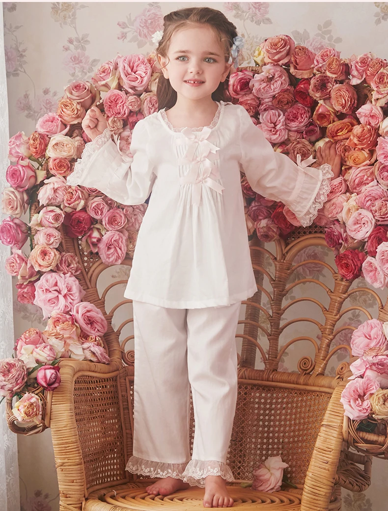 cotton pajama sets Children Girl's Lolita White Princess Pajama Sets.Royal Style Tops+Pants.Vintage Toddler Kid's Bow Pyjamas set.Sleep Loungewear cheap plus size pajama sets