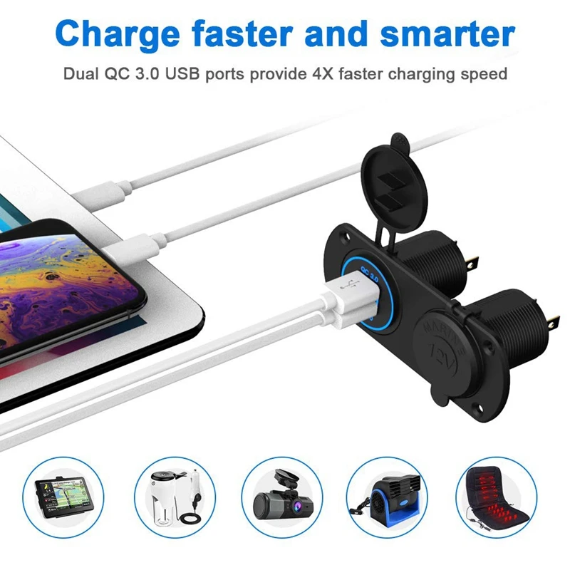 Автомобильное зарядное устройство T Dual Qc3.0 Быстрая зарядка и гнездо прикуривателя, водонепроницаемый и пылезащитный, для 12 В/24 В автомобиля лодка м