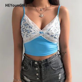 

HEYounGIRL Floral Print Lace Sexy Camis Top Women Summer Sleeveless 90s Spaghetti Strap Crop Tops Tees Camisole Blue Streetwear