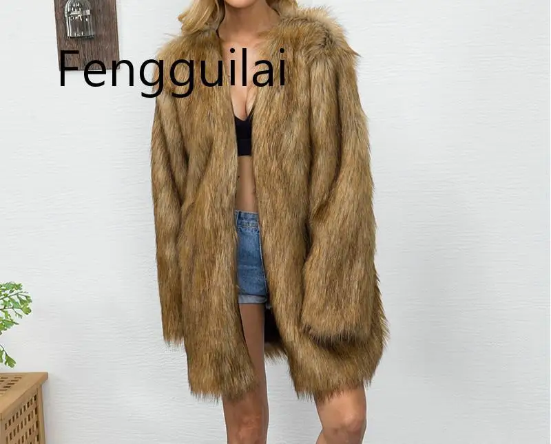Women Brown Faux Fur Coat Winter Thicken Warm Woman Fur Jackets Long Style V Neck Casual Outwear Shaggy Overcoat Streetwear Women Brown Faux Fur Coat Winter Thicken Warm Woman Fur Jackets Long Style V Neck Casual Outwear Shaggy Overcoat Streetwear