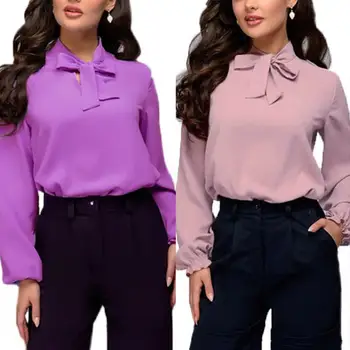 

Women Blouse 2019 Fashion Spring Autumn Office Lady Elegant Blouse Solid Color Long Sleeve Bowknot Shirt for Women Blouse