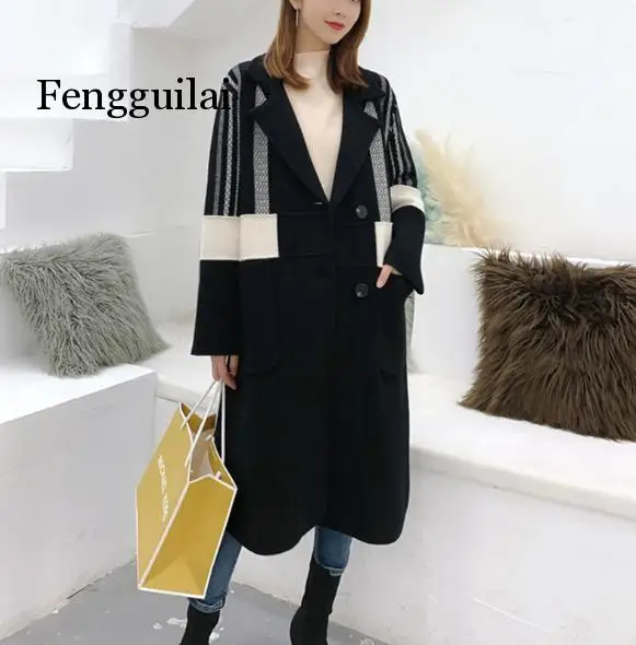 

Autumn Winter Turn-down Collar Full Sleeve Fleece Black Thick Fashion Contrast Color Plus Size Woolen Coat