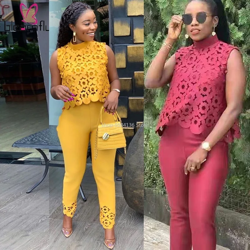 2021 Summer Autumn Sleeveless Hollow Out Firing Women's Set Top Pants Suit Two Piece Temperament Tracksuit Outfit |