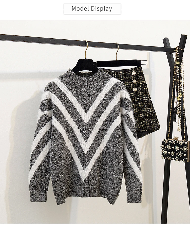 HAMALIEL женский свитер шорты Комплект Осень Зима популярная цветная полоска трикотажные свободные пуловеры+ твидовая клетчатая высокая талия набор брюк