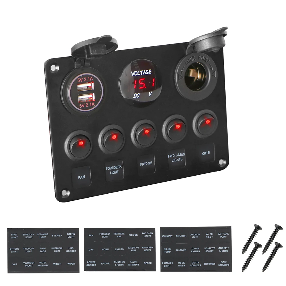 YOSOLO Digital Voltmeter Dual USB Port 12V Outlet Combination Waterproof Car Marine Boat LED Rocker Switch Panel