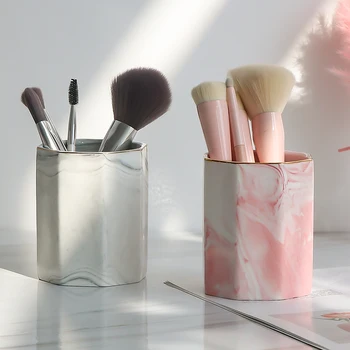 

Nordic Style Makeup Brush Bucket Cosmetic Lipstick Comb Eye Shadow Storage Pen Holder Marble Pattern Desktop Organizer