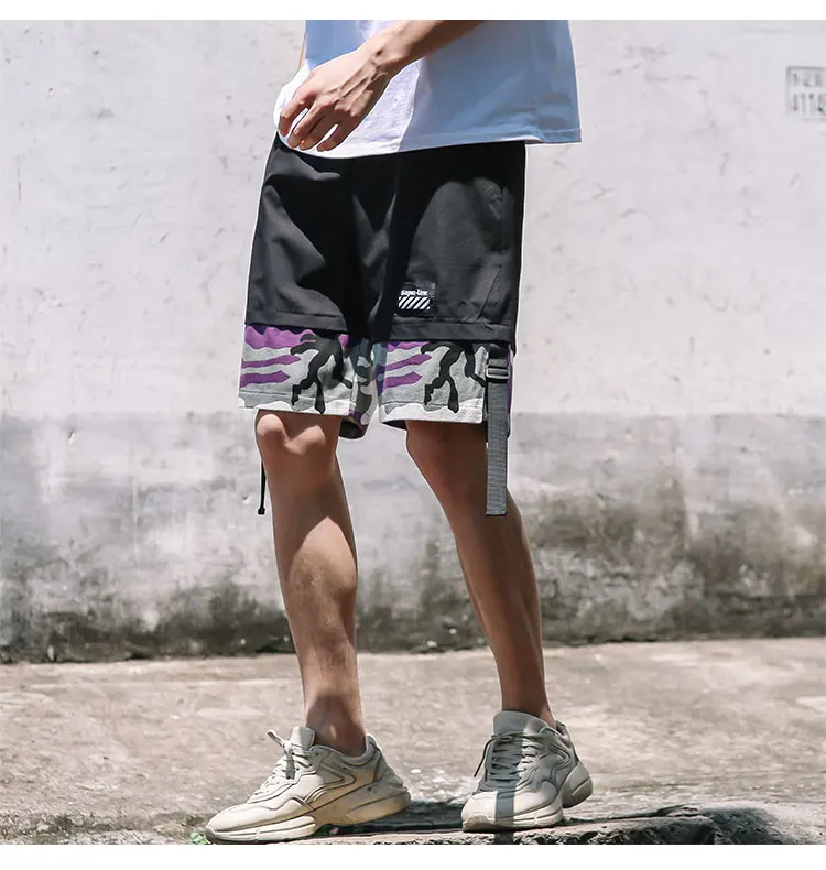 2021 summer new men's cropped slacks casual trousers camouflage splicing ribbon shorts black casual shorts