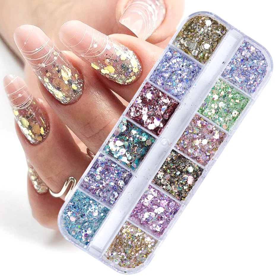 12 Colors Iridescent Nail Art Glitter Sequins Chunky Glitter Hexagon Fine  Glitters Flakes for Nail Art Holographic 3D Sparkly Acrylic Nails