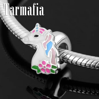 

925 Sterling Silver Pink Sika deer unicorn Enamel Stopper Spacer Beads Fit Original European Charm Bracelet Fine Jewelry making