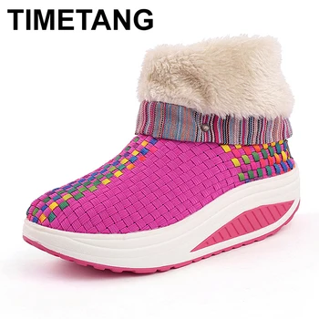 

TIMETANGWinter Women Snow Boots With Warm Fur Ankle Boots Outdoor Sneakers Velvet Platform Wedges Rock Shoes Slimming FootE919