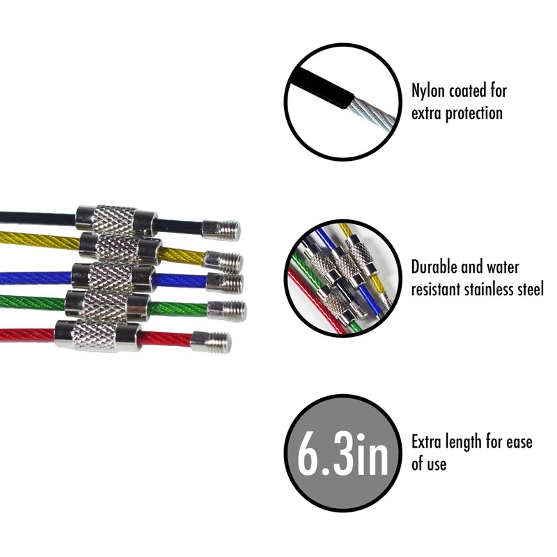 20 упаковок, цветные брелки из нержавеющей стали с нейлоновым покрытием, 2 мм, 6,3 дюйма, авиационный кабель, кольцо для ключей, петли для подвешивания багажа, бирки
