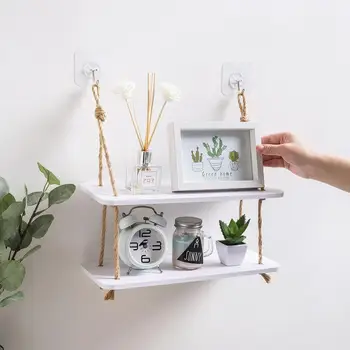 

2 Layers Wood Storage Shelf Hemp Rope Hanging Partition Punch Free Home Organization And Storage Decorative Shelves