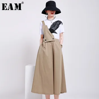 

[EAM] High Waist Black Khaki Two Ways Wear Temperament Strap Half-body Skirt Women Fashion Tide New Spring Autumn 2020 1W742