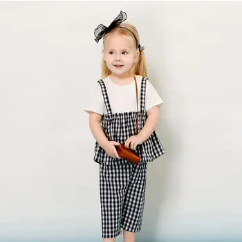 通販 新しい幼児の子供の女の服セット夏の半袖チェック柄トップとロングパンツかわいいラブリースウィートコットンストリート衣装