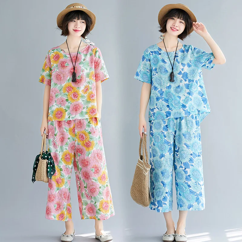 

New Style Loose Pants Set Short-sleeved Top Capri Pants Printed Trendy Two-Piece Set