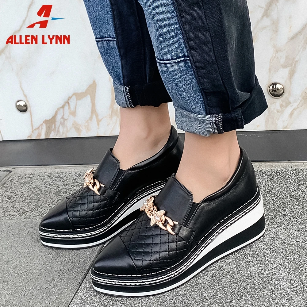 

ALLEN New Brand Ladies Spring Office Casual Shoes Woman Metal Decoration Platform Round Toe Slip On Flats Women Flats