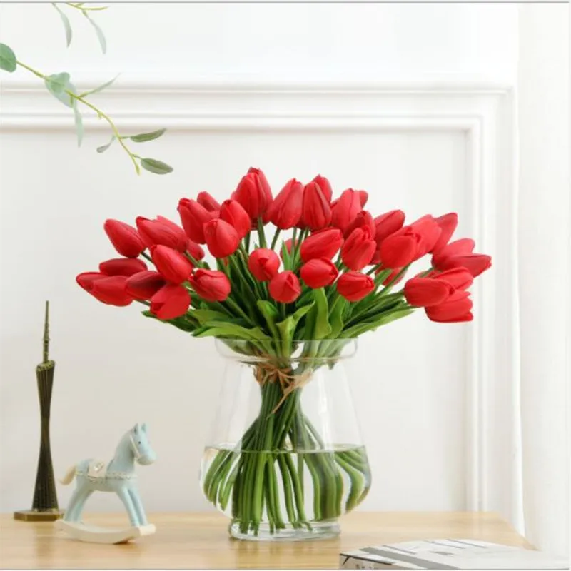 31 шт. ПУ мини тюльпаны как настоящие Искусственные цветы букет искусственных цветов для свадебного украшения дома вечерние цветы - Цвет: 1PC Leaf Tulip Red
