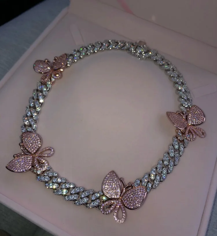 

12MM Cz Miami cuban link chain pink butterfly choker necklace hip hop rock iced out bling women jewelry 2020 new