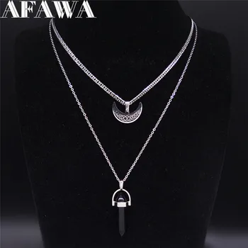 

AFAWA Viking Moon Stainless Steel Layered Necklace Black Color Hexagonal Column Quartz Jewelry colgantes mujer moda N3743S02