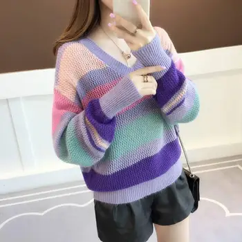 

Rainbow Striped Sweater 2020 New Loose Pullover Sweater Spring And Autumn Women's Long-sleeved V-neck Shirt Women
