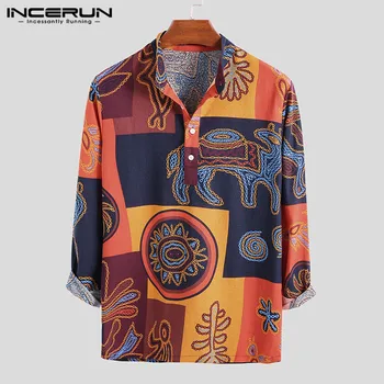 

Ethnic Style Printed Long Sleeve Shirt Men Vintage Chinese Style Stand Collar Cotton Casual Shirts Masculina Camisa 2019 INCERUN