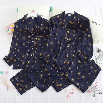 

Autumn M-3XL Blue Print Stars 2PCS Couple Rayon Pajams Sets Sexy Turn-down Collar Pyjamas Pocket Sleepwear Lingerie Nightwear