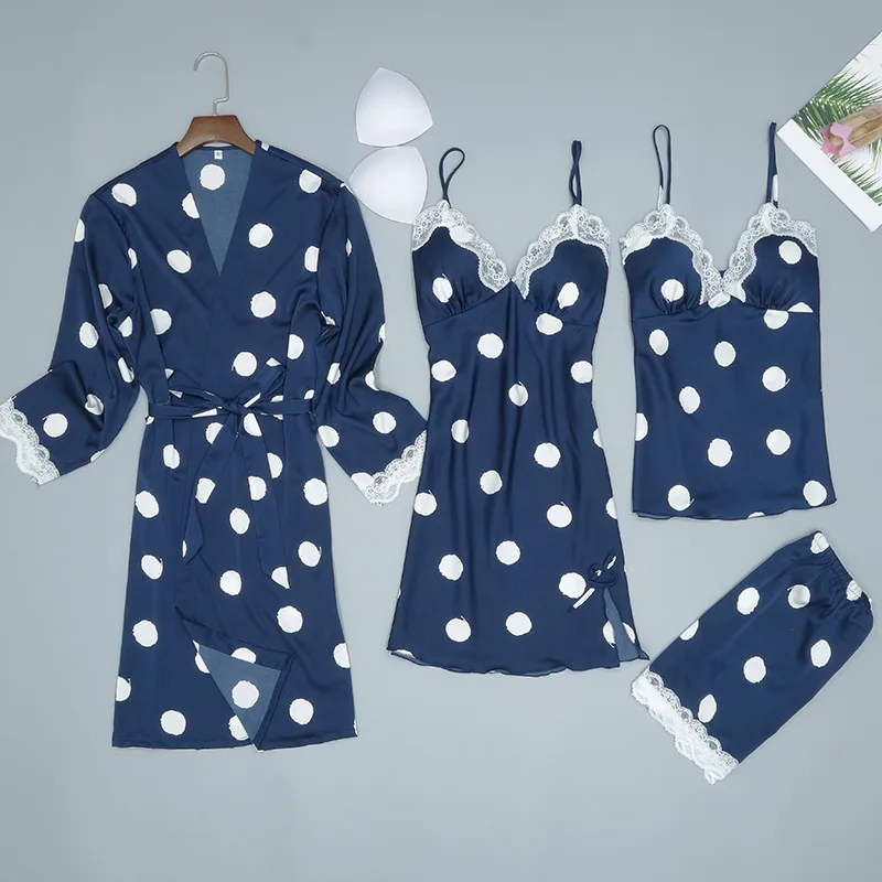 Темно-синие женские пижамы из 4 предметов топ с ремнем и штаны, комплект одежды для сна Весенняя домашняя ночная рубашка соблазнительное кимоно Халат