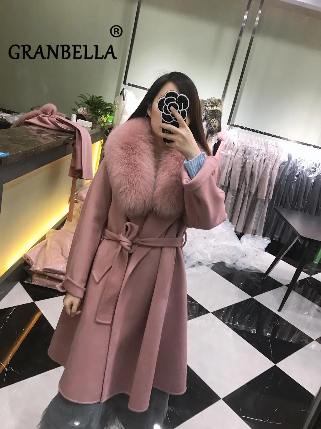 

Korea style female long loose wool trench coat with real fox fur collar soft double-side wool outwear with belt for women