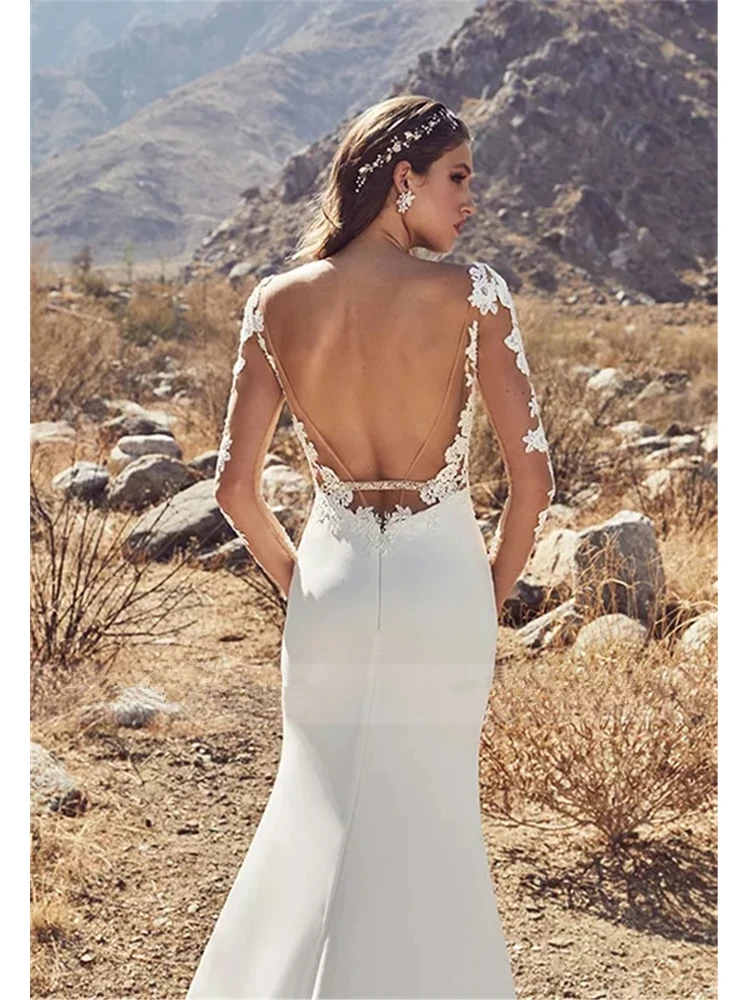 vestido novia Elegant Backless Mermaid Wedding Dress Long Sleeves Lace Appliques Wedding Gown White Ivory Stain Bride Dresses (1)