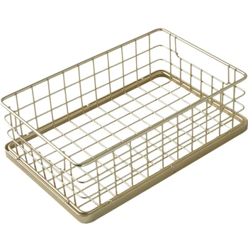 

Golden Metal Storage Basket Nordic Bathroom Dressing Table Cosmetics Organizer Basket Office Sundries Finishing Iron Basket