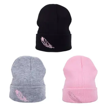

Korean Women Girls Winter Knitted Beanie Hat Cute Pink Feather Embroidery Hip Hop Outdoor Snow Skiing Cuffed Cap Ear Warmer