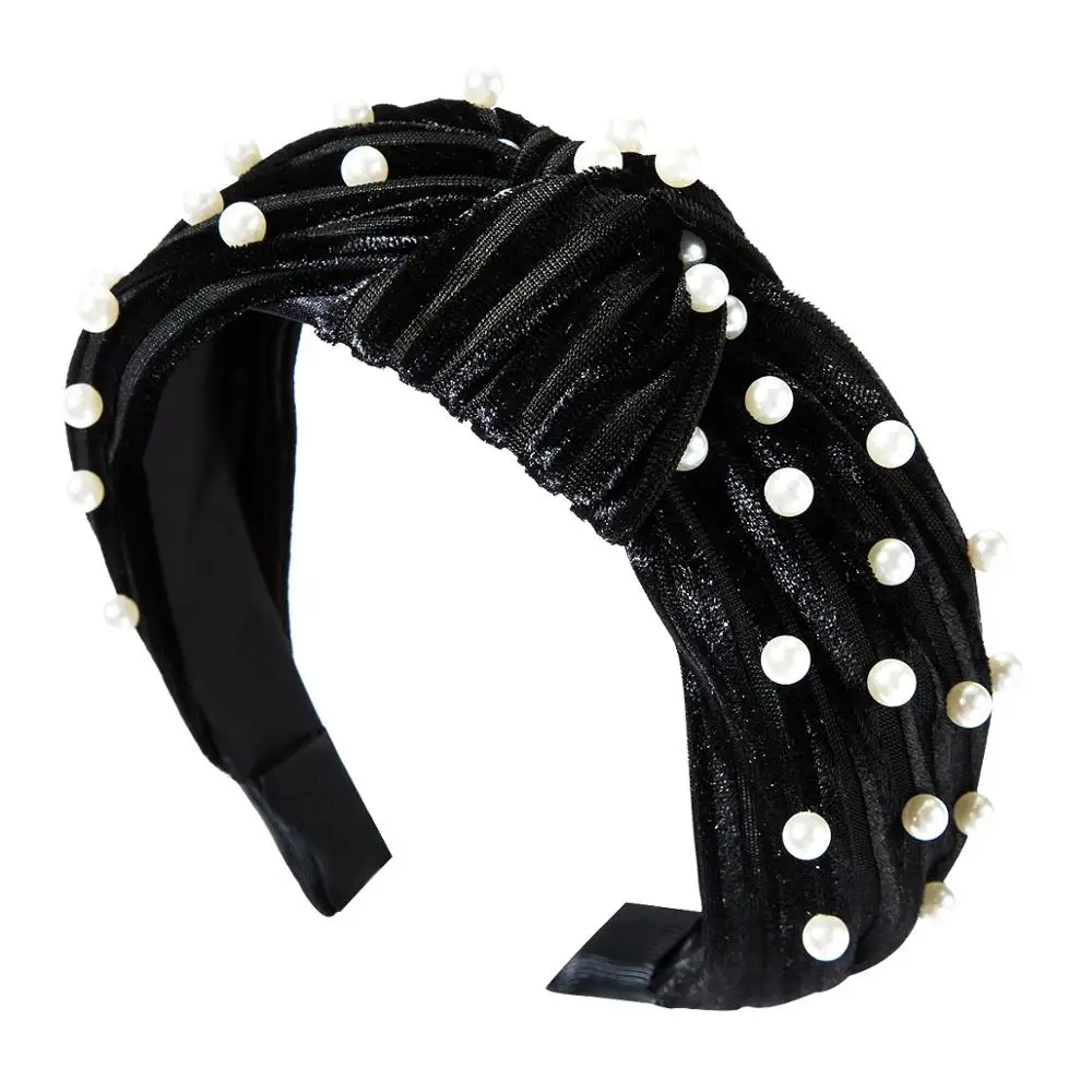 Широкая Жемчужная Повязка на голову для женщин, бархатная повязка на голову с узлом, винтажная повязка на голову, обручи для волос, модные аксессуары для волос