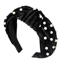 Широкая Жемчужная Повязка на голову для женщин, бархатная повязка на голову с узлом, винтажная повязка на голову, обручи для волос, модные аксессуары для волос