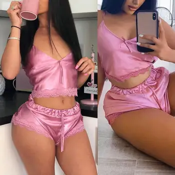 

SANWOOD Women Summer Sexy Lace Sleepwear V Neck Vest Waist Drawstring Shorts Pajamas Set woman summer outfits платье домашнее