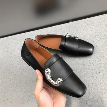 

MLJUESE 2020 women flats autumn spring cow leather slip on square toe black color ballet flats shoes party dress wedding size 42