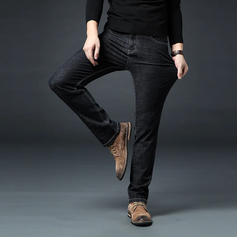 Новые модные мужские джинсы, высокая эластичность, мотоциклетные байкерские джинсы для мужчин, Брендовые прямые облегающие брюки, черные, синие брюки размера плюс 42