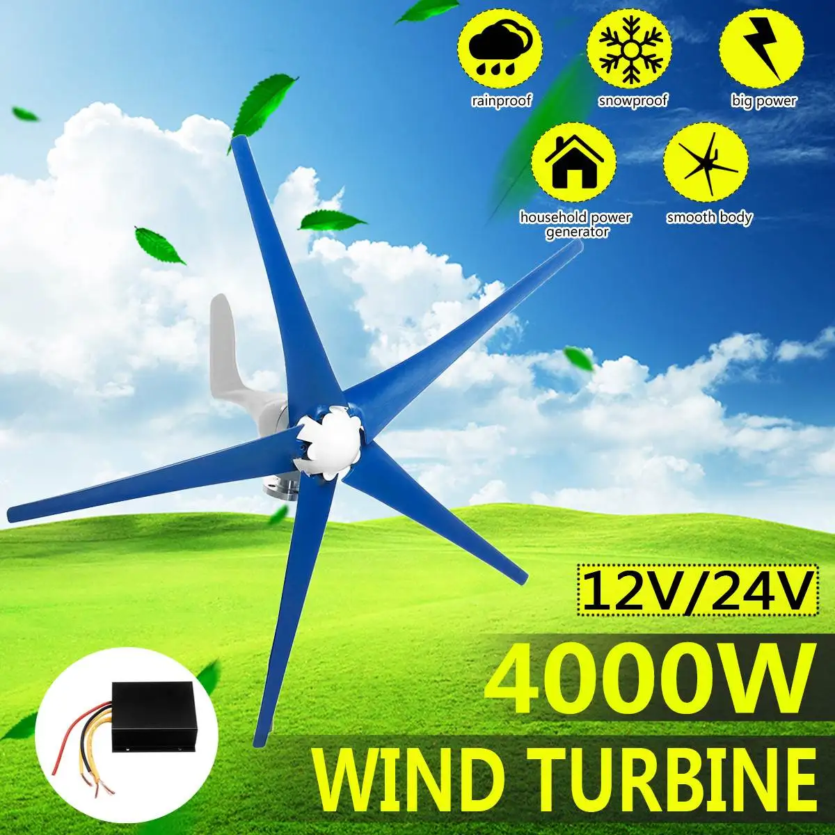 

4000W 12V/24V Wind Turbines Generator 5 Blades Horizontal Wind Generator With Controller Windmill Energy Turbines Charge