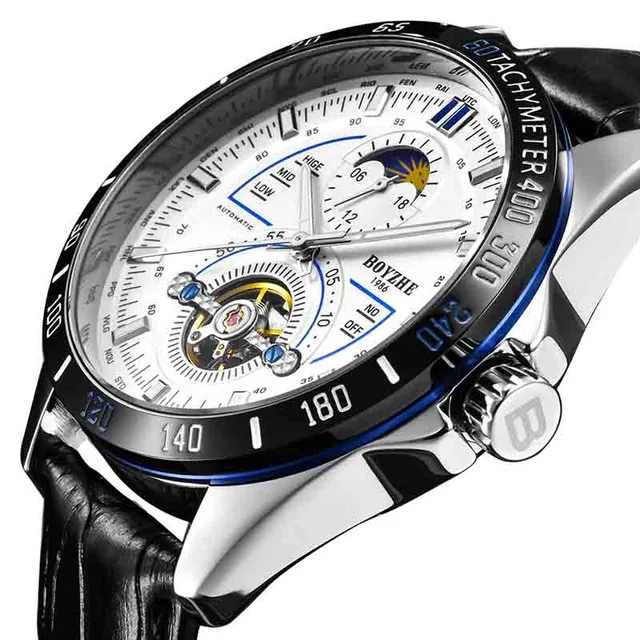 

Boyzhe Top Luxury Brand Leather Men's Automatic Mechanical Watch Black Business Waterproof Skeleton Tourbillon Watch