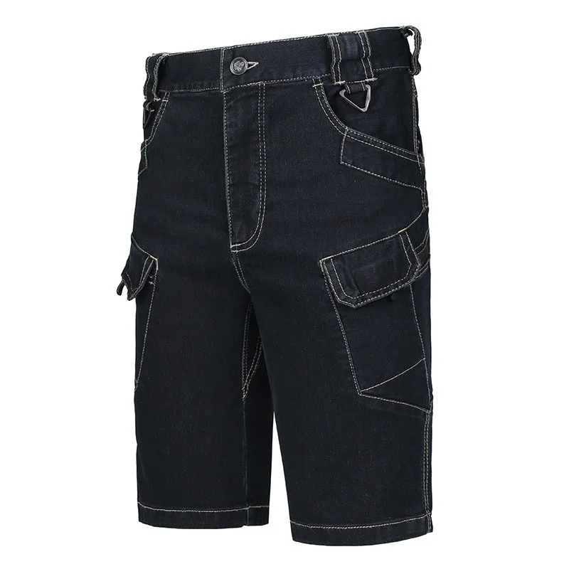 KIOVNO Men's Cargo Denim Shorts With Multi Pockets Military Style Jeans Shorts For Male Outdoor Blue Black (13)
