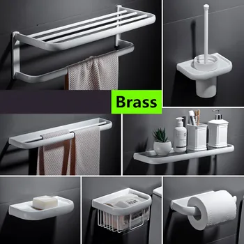 

Bathroom Accessories Set Brass Square Paper Holder Soap Dish Towel Rack Corner Shelf Robe Hook Bathroom Hardware Set White