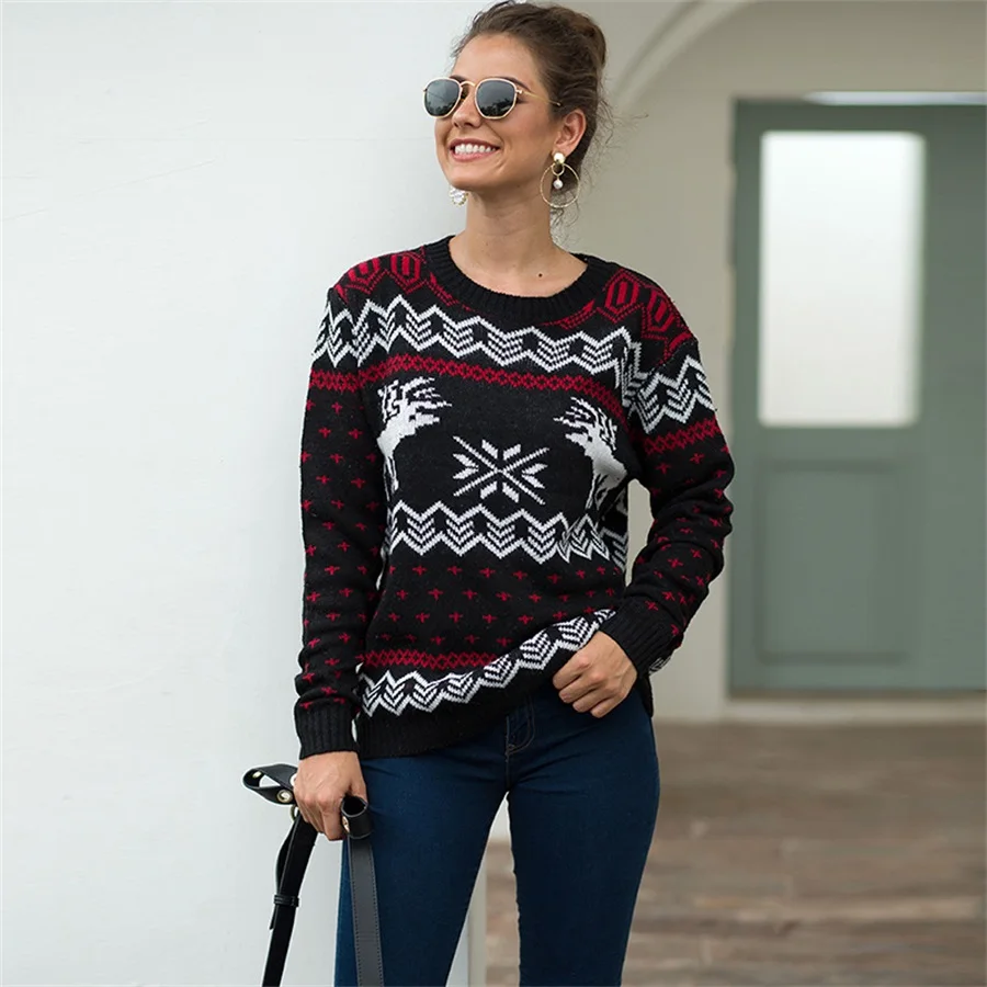 Осень и зима новые рождественские женские свитера Снежинка Олень жаккард с длинным рукавом пуловер свитер - Цвет: Черный