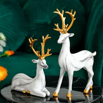 

Nordic Marbled Deer Statue Gold Couple Elk Sculpture Luxury Room Decor Handicraft Desktop Decoration Home Decorations Gift