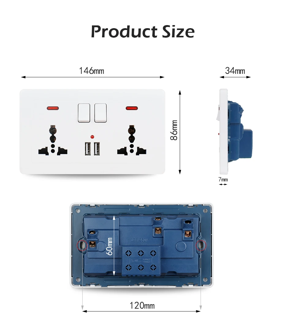 Minitiger настенная розетка 2 банды Универсальная 3 отверстия переключаемая розетка с неоновым 2.1A двойной USB зарядное устройство Порт светодиодный индикатор 146 мм* 86 м
