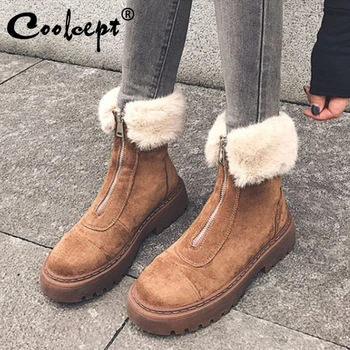 

CoolceptWomen Snow Boots Real Leather Warm Fur High Heel Winter Shoes Woman Plush Fashion Platform Short Boot Size 34-40