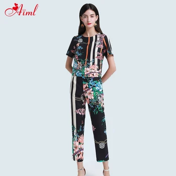 

Designer 2020 Fashion Summer Female Set Street Round neck Short sleeve Print Black Blouse Leisure Cropped Pants 2 Piece Set New