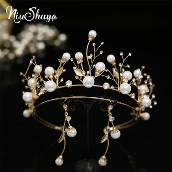 

NiuShuya Elegance Simple Round Pearl Crown Tiaras Bridal Hairbands Wedding Hair Accessory for Woman Prom Hair Jewelry