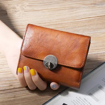 

New Genuine Leather Mini Purse Women Short Wallet Female Anti-theft Lock Small Change Card Holder Wallets First Layer Cowhide