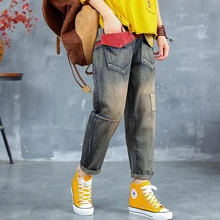 Весенние осенние джинсы ретро женские шаровары большой карман дизайн повседневные хлопковые джинсовые брюки эластичная талия винтажные джинсы D404