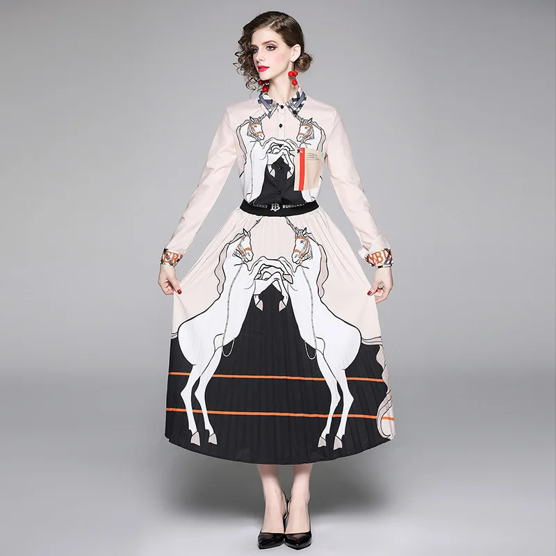 

Europe And America 2019 Autumn New Style Fashion Cartoon Printed Shirt + Pleated Skirt Set Two-Piece Set