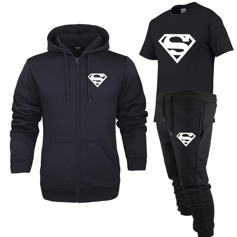 Navy blue Комплект из 3 предметов, весенне-осенний кардиган, мужские толстовки с капюшоном, толстовки с черепом, флисовая спортивная одежда с длинным рукавом - Цвет: Navy blue